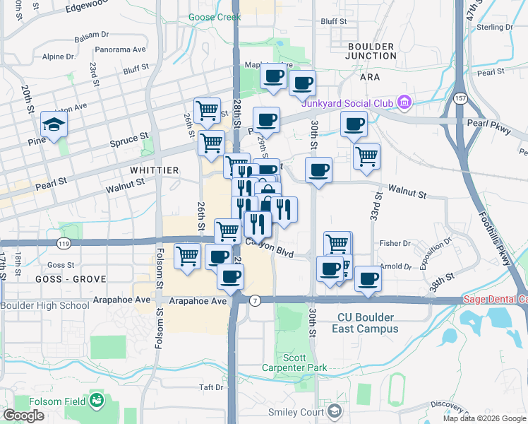 map of restaurants, bars, coffee shops, grocery stores, and more near 1710 29th Street in Boulder