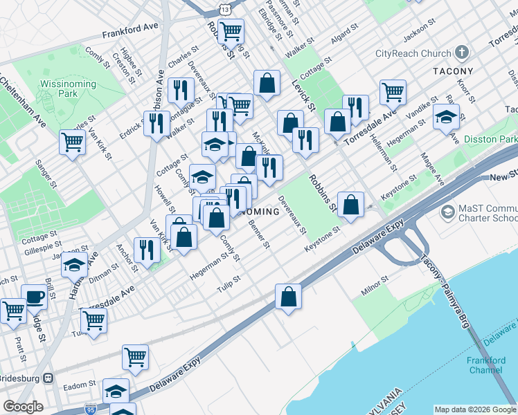map of restaurants, bars, coffee shops, grocery stores, and more near in Philadelphia