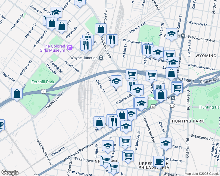 map of restaurants, bars, coffee shops, grocery stores, and more near 2016 Rowan Street in Philadelphia