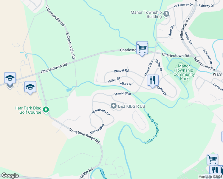 map of restaurants, bars, coffee shops, grocery stores, and more near 1526 Manor Boulevard in Lancaster