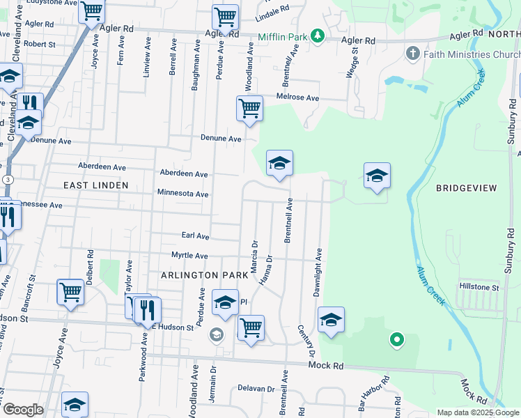 map of restaurants, bars, coffee shops, grocery stores, and more near 2427 Marcia Drive in Columbus
