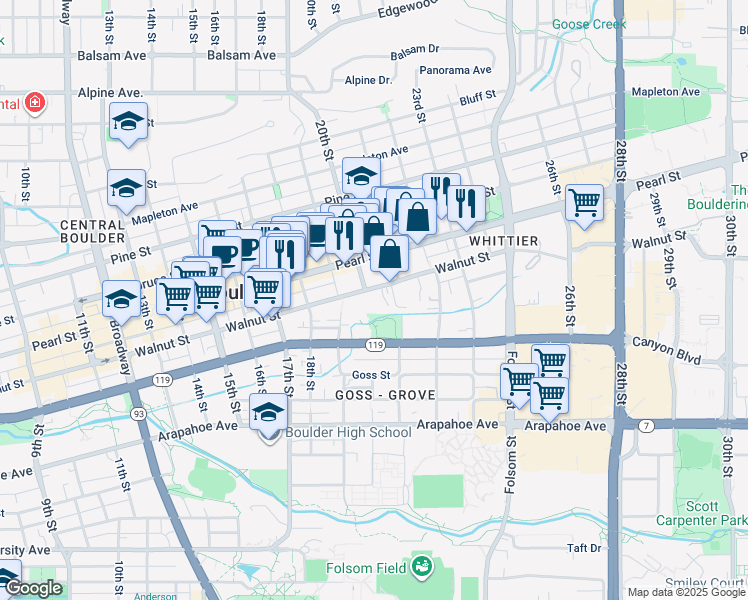 map of restaurants, bars, coffee shops, grocery stores, and more near 2000 Walnut Street in Boulder