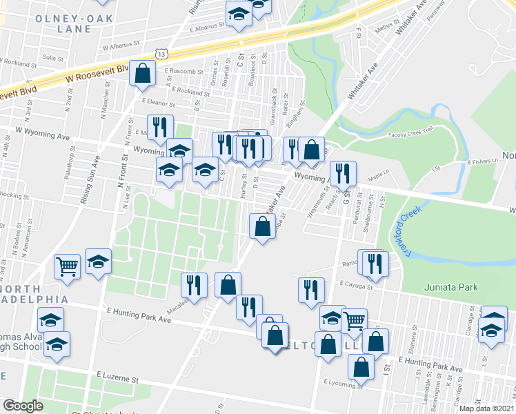 map of restaurants, bars, coffee shops, grocery stores, and more near 502 East Courtland Street in Philadelphia