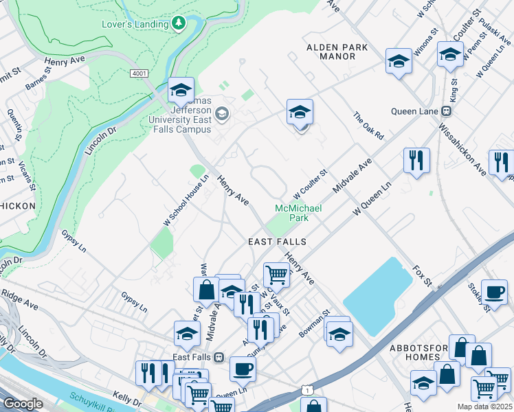 map of restaurants, bars, coffee shops, grocery stores, and more near 3911 Henry Avenue in Philadelphia