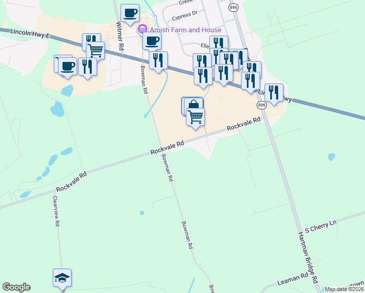 map of restaurants, bars, coffee shops, grocery stores, and more near 2314 Rockvale Road in Lancaster