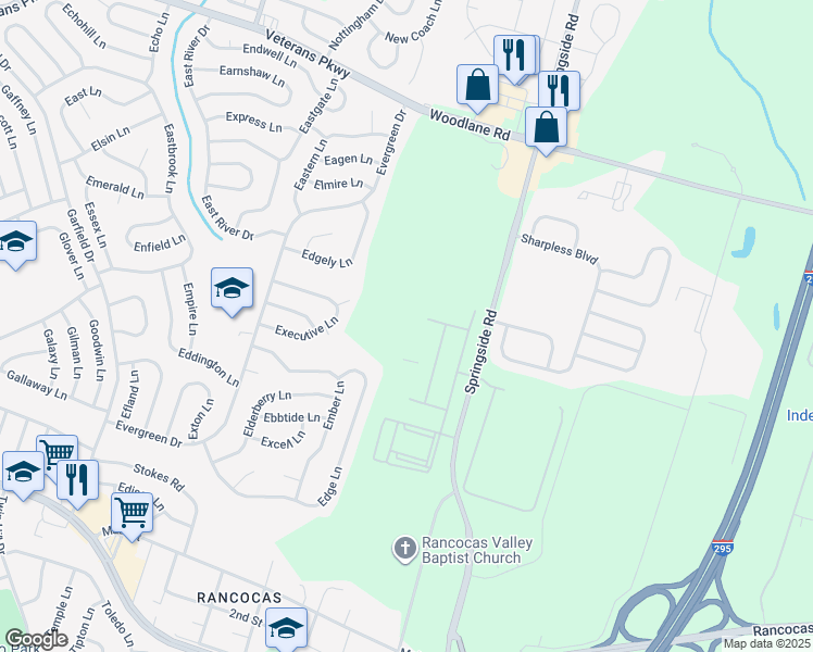 map of restaurants, bars, coffee shops, grocery stores, and more near 45 Elliot Lane in Westampton