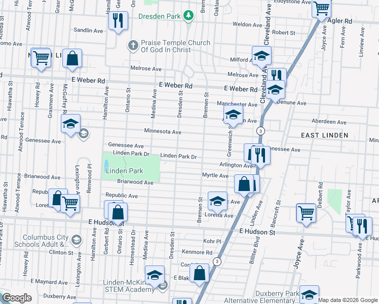 map of restaurants, bars, coffee shops, grocery stores, and more near 1491 Genessee Avenue in Columbus
