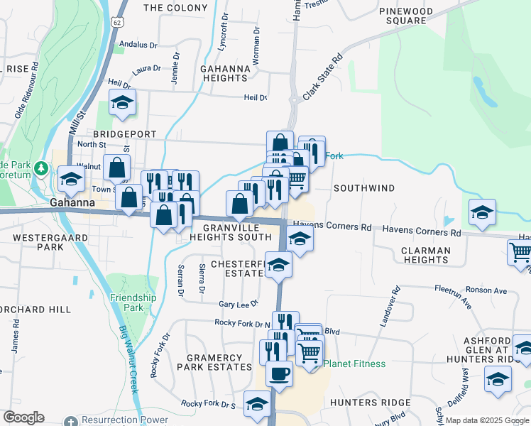map of restaurants, bars, coffee shops, grocery stores, and more near 380 Granville Street in Gahanna
