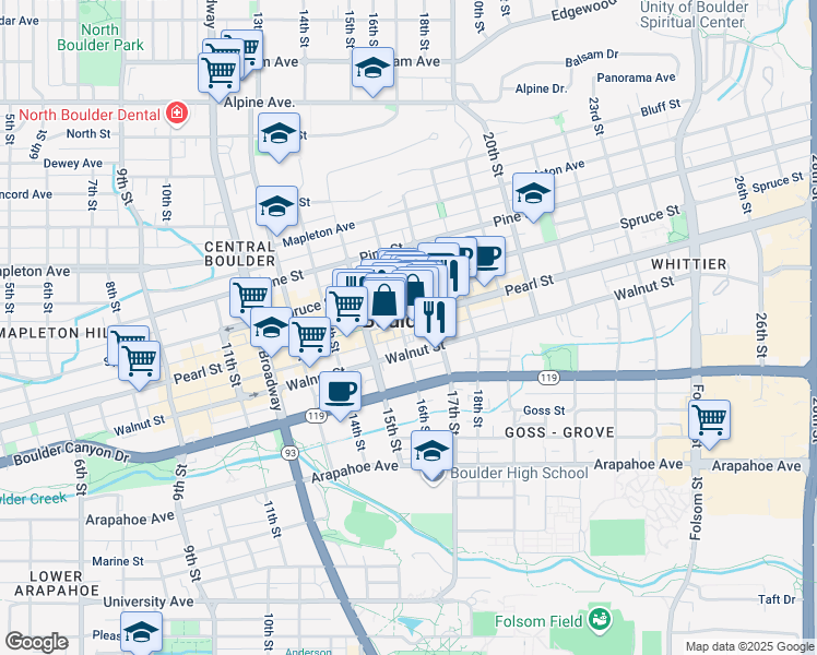 map of restaurants, bars, coffee shops, grocery stores, and more near 1600 Pearl Street in Boulder