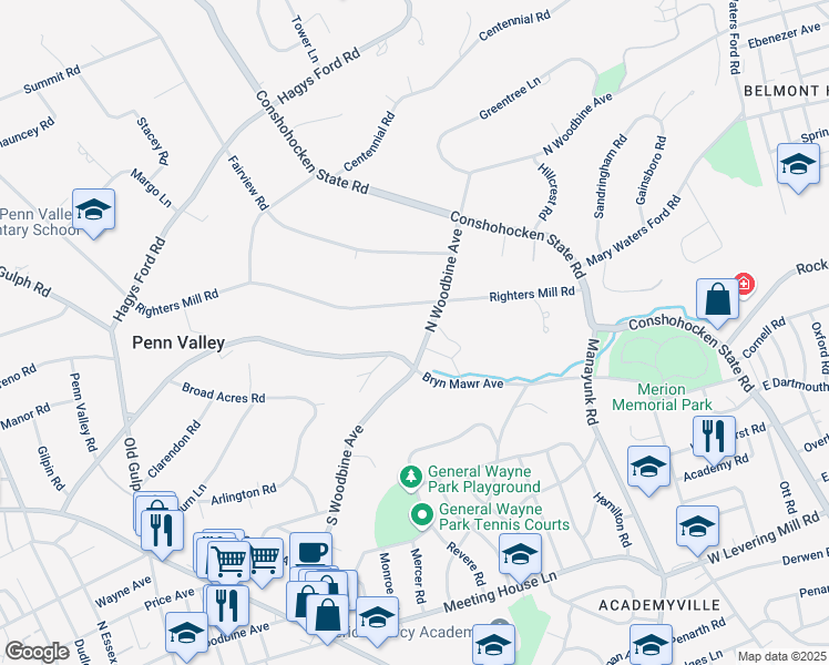 map of restaurants, bars, coffee shops, grocery stores, and more near 814 North Woodbine Avenue in Penn Valley