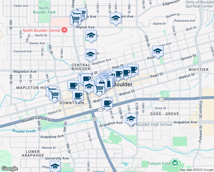 map of restaurants, bars, coffee shops, grocery stores, and more near 1406 Pearl Street in Boulder