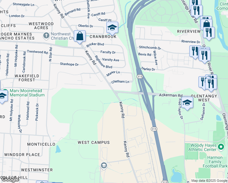 map of restaurants, bars, coffee shops, grocery stores, and more near Ackerman Rd & Kenny Rd in Columbus