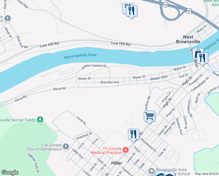 map of restaurants, bars, coffee shops, grocery stores, and more near 1303 2nd Street in Brownsville