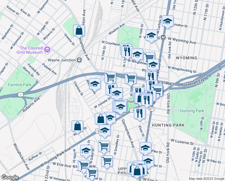 map of restaurants, bars, coffee shops, grocery stores, and more near 4221 Germantown Avenue in Philadelphia