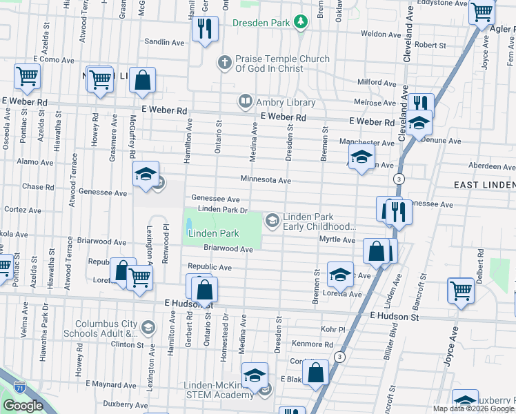 map of restaurants, bars, coffee shops, grocery stores, and more near 1361 Genessee Avenue in Columbus