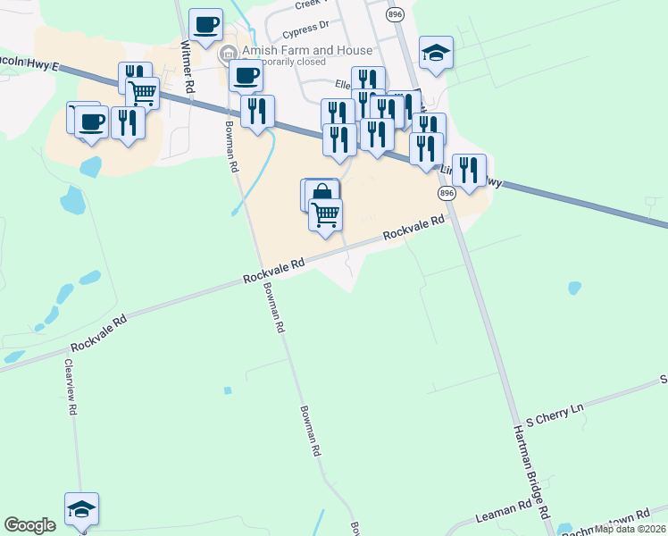 map of restaurants, bars, coffee shops, grocery stores, and more near 2334 Rockvale Road in Lancaster