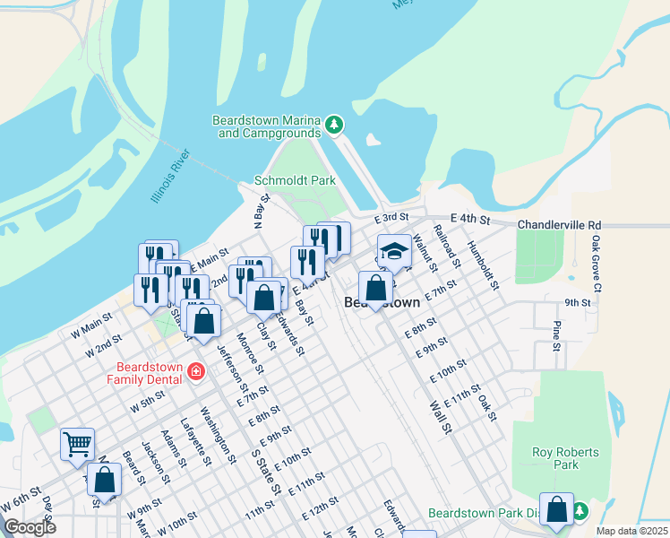 map of restaurants, bars, coffee shops, grocery stores, and more near 814 East 4th Street in Beardstown