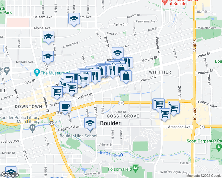 map of restaurants, bars, coffee shops, grocery stores, and more near 19th St & Walnut St in Boulder