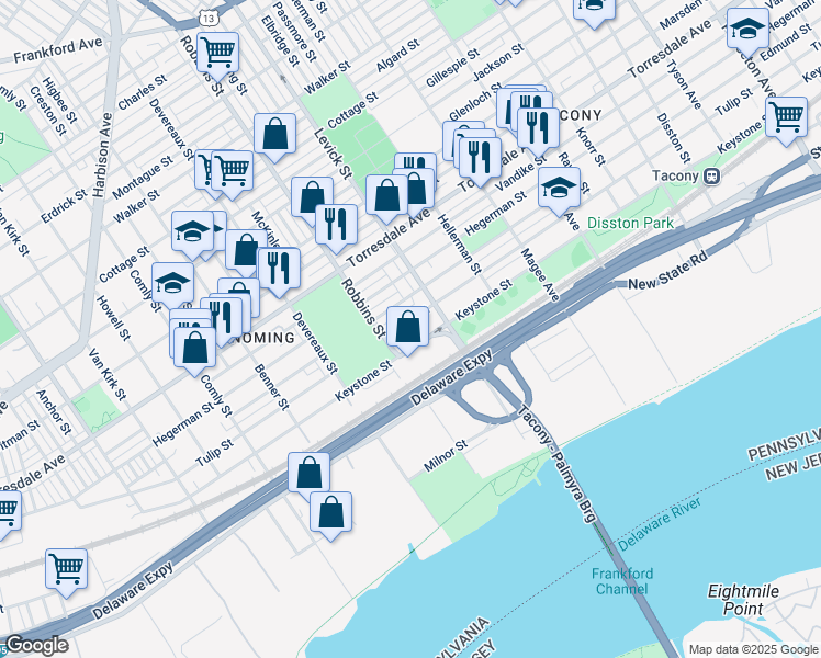 map of restaurants, bars, coffee shops, grocery stores, and more near 6321 Tulip Street in Philadelphia