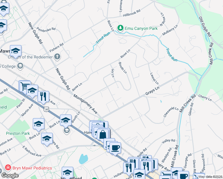 map of restaurants, bars, coffee shops, grocery stores, and more near 425 Glyn Wynne Road in Haverford