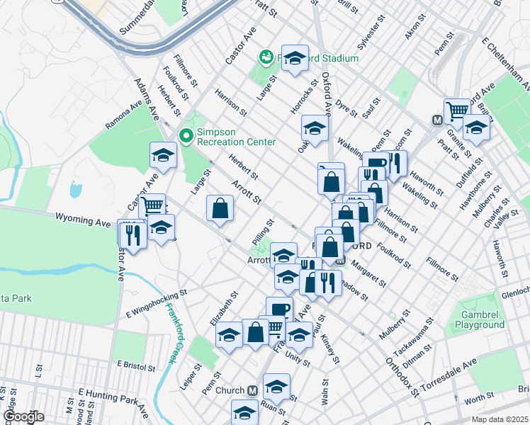 map of restaurants, bars, coffee shops, grocery stores, and more near 1306 Arrott Street in Philadelphia