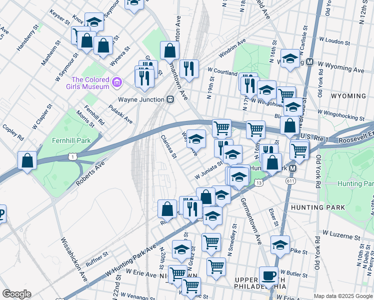 map of restaurants, bars, coffee shops, grocery stores, and more near 2010 Rowan Street in Philadelphia