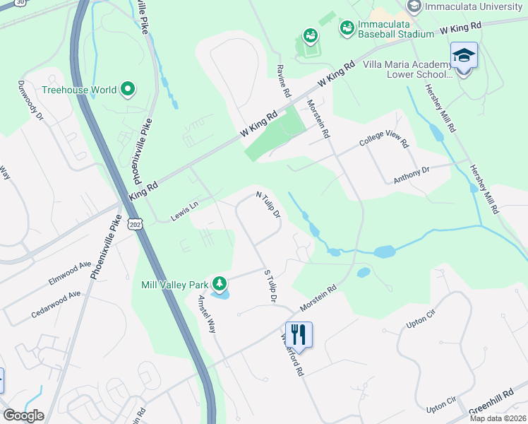 map of restaurants, bars, coffee shops, grocery stores, and more near 1329 North Tulip Drive in West Chester