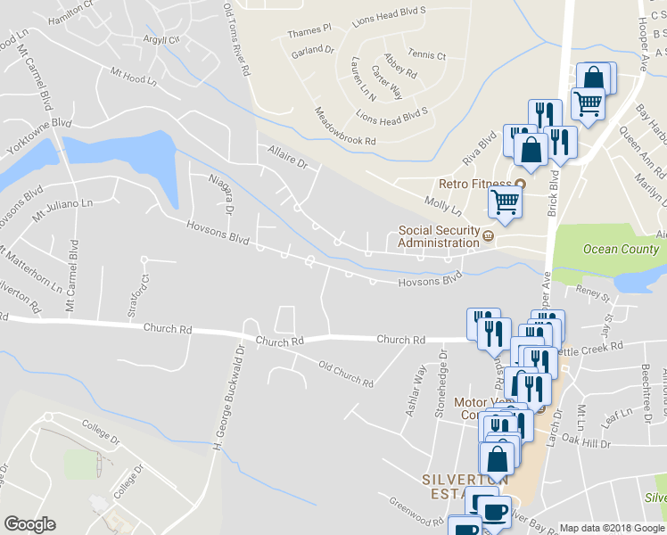 map of restaurants, bars, coffee shops, grocery stores, and more near 2204 Hovsons Boulevard in Toms River