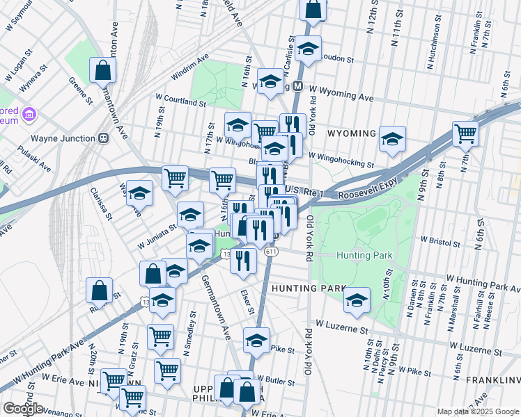 map of restaurants, bars, coffee shops, grocery stores, and more near 1419 West Bristol Street in Philadelphia