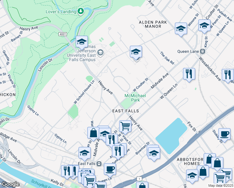map of restaurants, bars, coffee shops, grocery stores, and more near 3911 Henry Avenue in Philadelphia