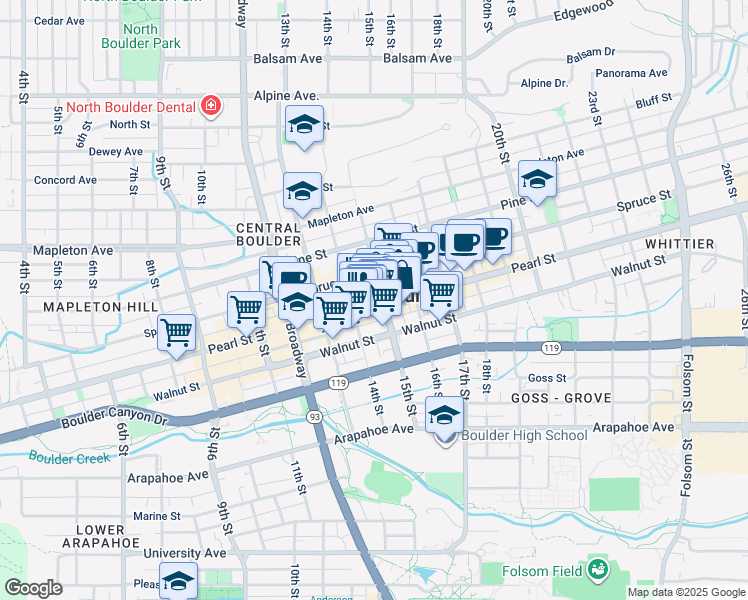 map of restaurants, bars, coffee shops, grocery stores, and more near 1433 Pearl Street in Boulder