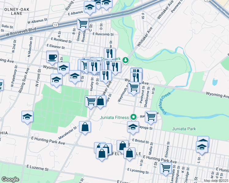 map of restaurants, bars, coffee shops, grocery stores, and more near 4607 Tampa Street in Philadelphia