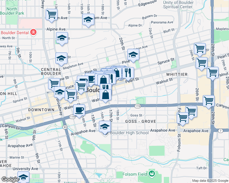 map of restaurants, bars, coffee shops, grocery stores, and more near 1804 Walnut Street in Boulder