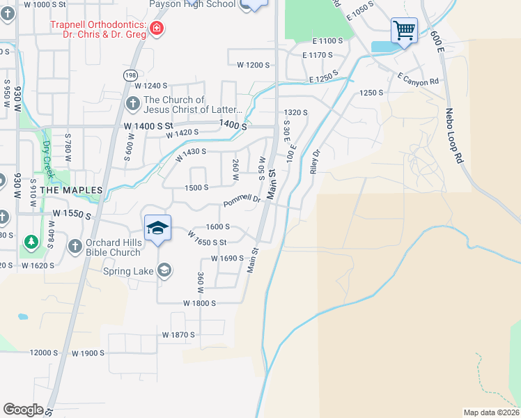 map of restaurants, bars, coffee shops, grocery stores, and more near 1561 Spur Court in Payson