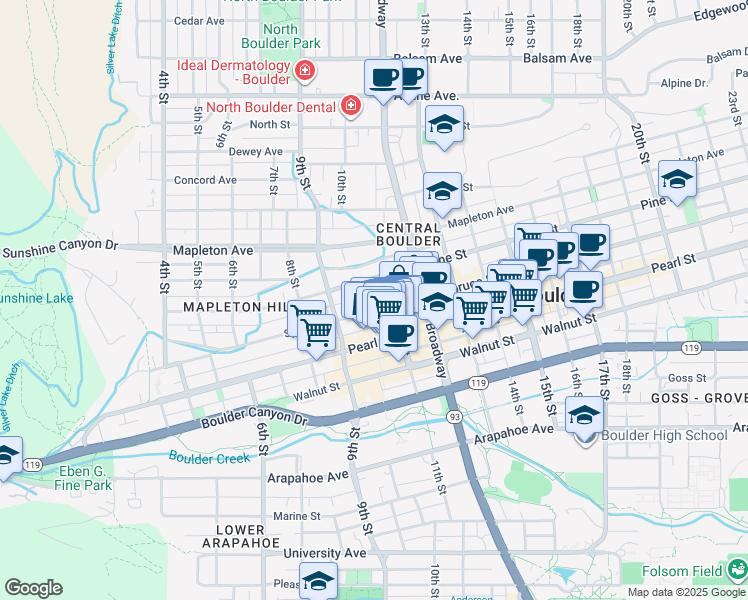 map of restaurants, bars, coffee shops, grocery stores, and more near in Boulder
