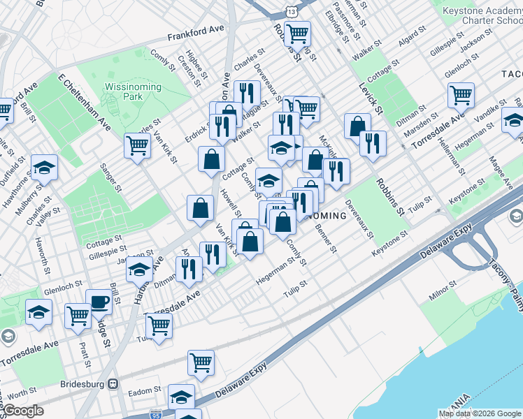 map of restaurants, bars, coffee shops, grocery stores, and more near 4611 Comly Street in Philadelphia