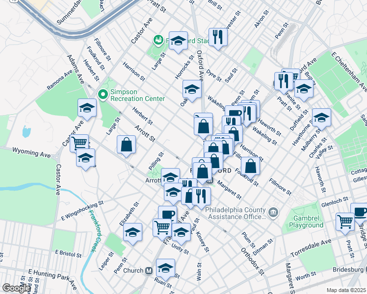 map of restaurants, bars, coffee shops, grocery stores, and more near 4723-25 Leiper Street in Philadelphia