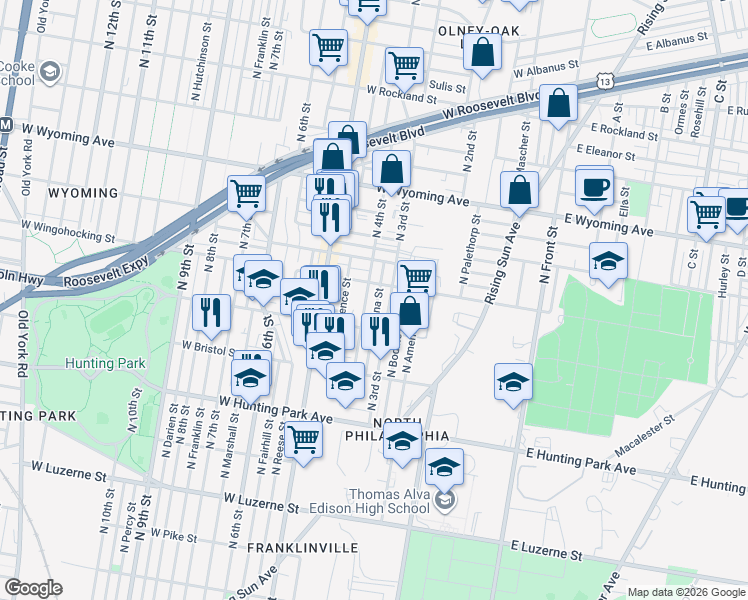 map of restaurants, bars, coffee shops, grocery stores, and more near 4427 North Orianna Street in Philadelphia
