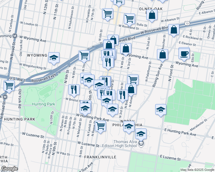 map of restaurants, bars, coffee shops, grocery stores, and more near 433 Purdy Street in Philadelphia
