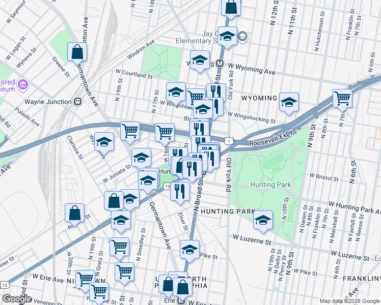 map of restaurants, bars, coffee shops, grocery stores, and more near 1418 West Bristol Street in Philadelphia
