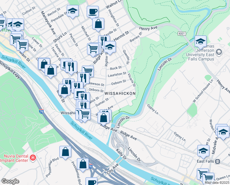 map of restaurants, bars, coffee shops, grocery stores, and more near 163 Sumac Street in Philadelphia