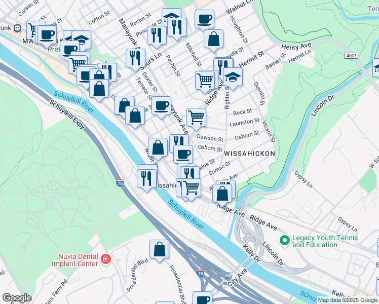 map of restaurants, bars, coffee shops, grocery stores, and more near 3726 Manayunk Avenue in Philadelphia