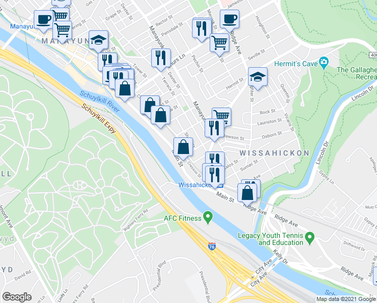 map of restaurants, bars, coffee shops, grocery stores, and more near 100 Dawson Street in Philadelphia