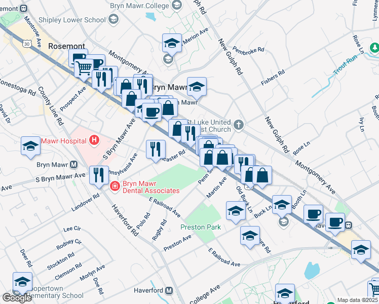 map of restaurants, bars, coffee shops, grocery stores, and more near 659 Dayton Road in Bryn Mawr