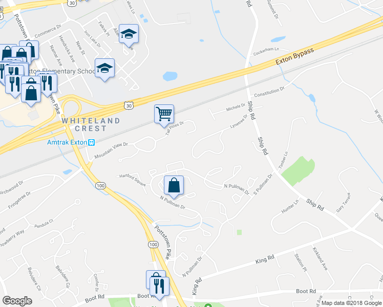 map of restaurants, bars, coffee shops, grocery stores, and more near 395 Lynetree Drive in West Chester