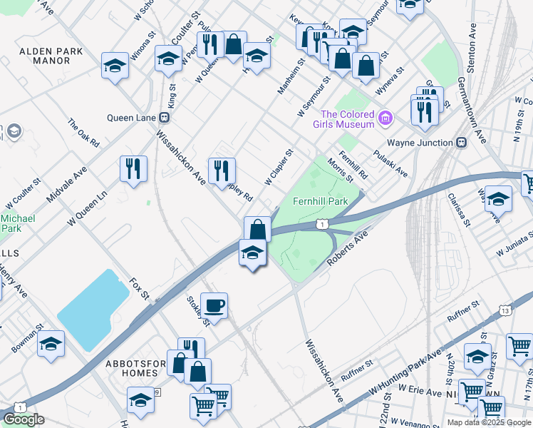 map of restaurants, bars, coffee shops, grocery stores, and more near 543 West Abbottsford Avenue in Philadelphia