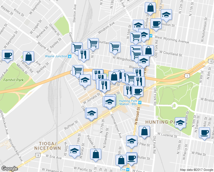 map of restaurants, bars, coffee shops, grocery stores, and more near 1708 West Bristol Street in Philadelphia