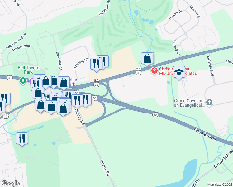 map of restaurants, bars, coffee shops, grocery stores, and more near 1218 Cornerstone Boulevard in Downingtown