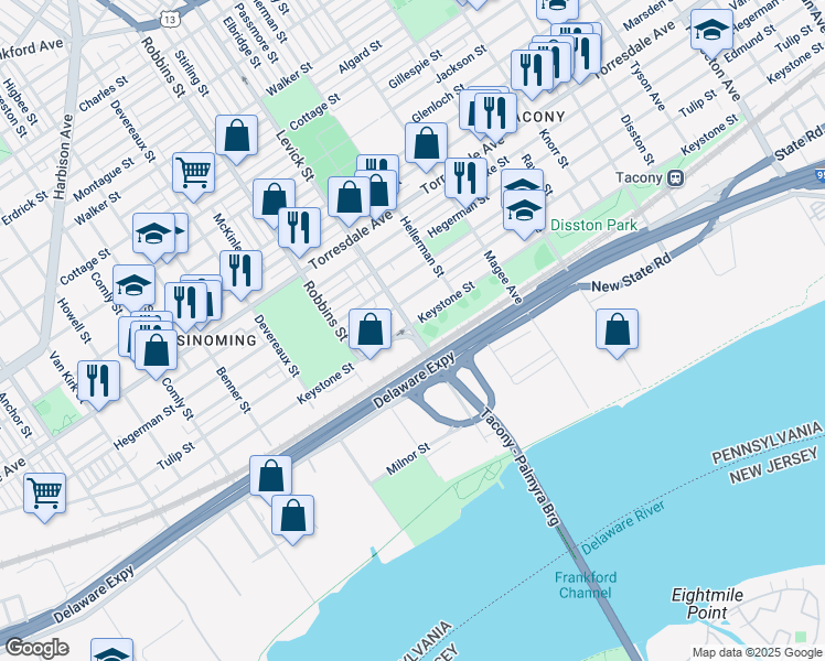 map of restaurants, bars, coffee shops, grocery stores, and more near 6401 Keystone Street in Philadelphia