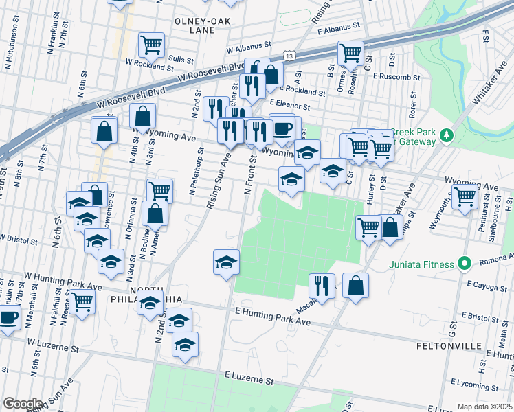 map of restaurants, bars, coffee shops, grocery stores, and more near 4501 North Lee Street in Philadelphia